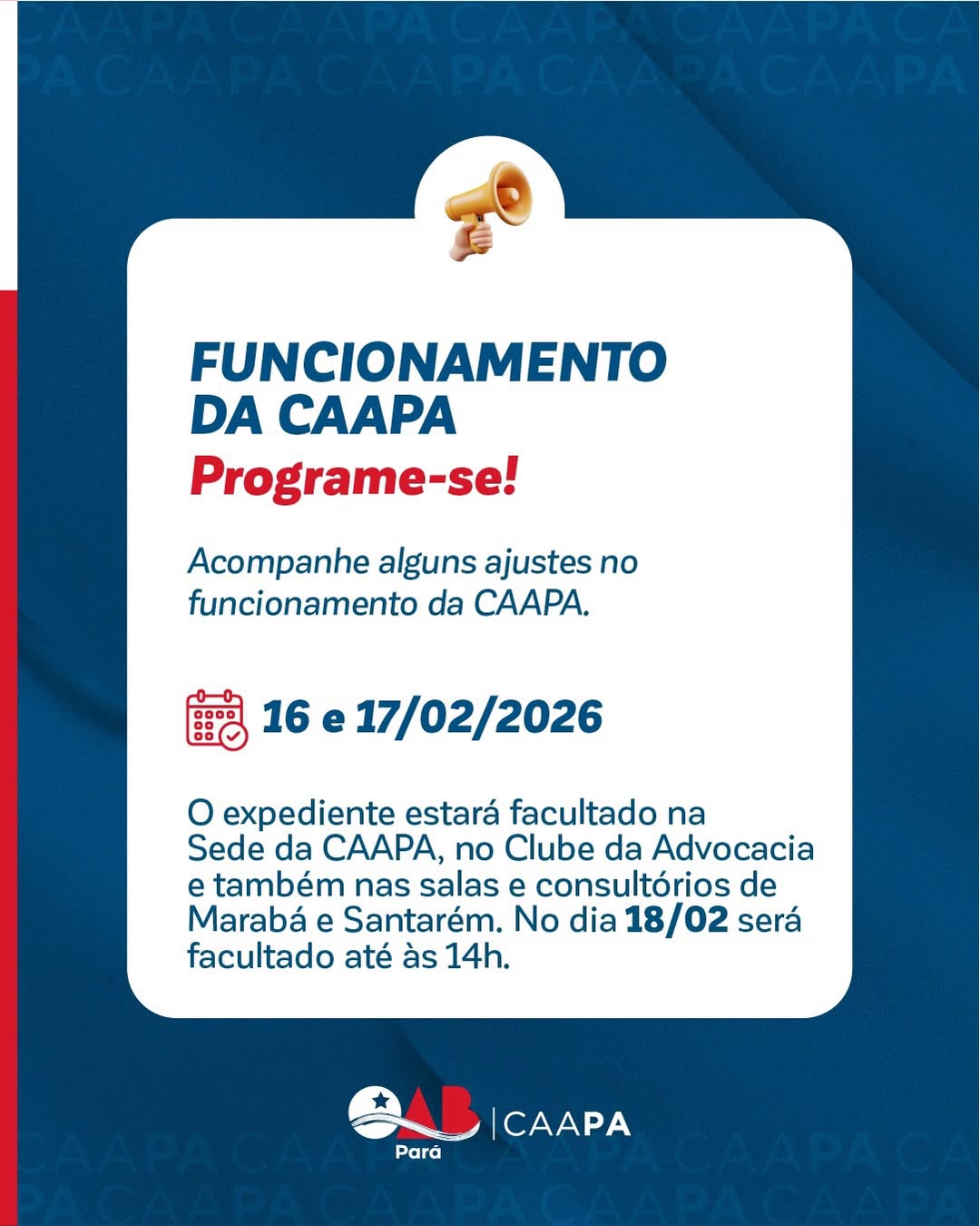 O Carnaval está chegando, mas é importante ficar por dentro de como será o funcionamento da CAAPA nesse período.