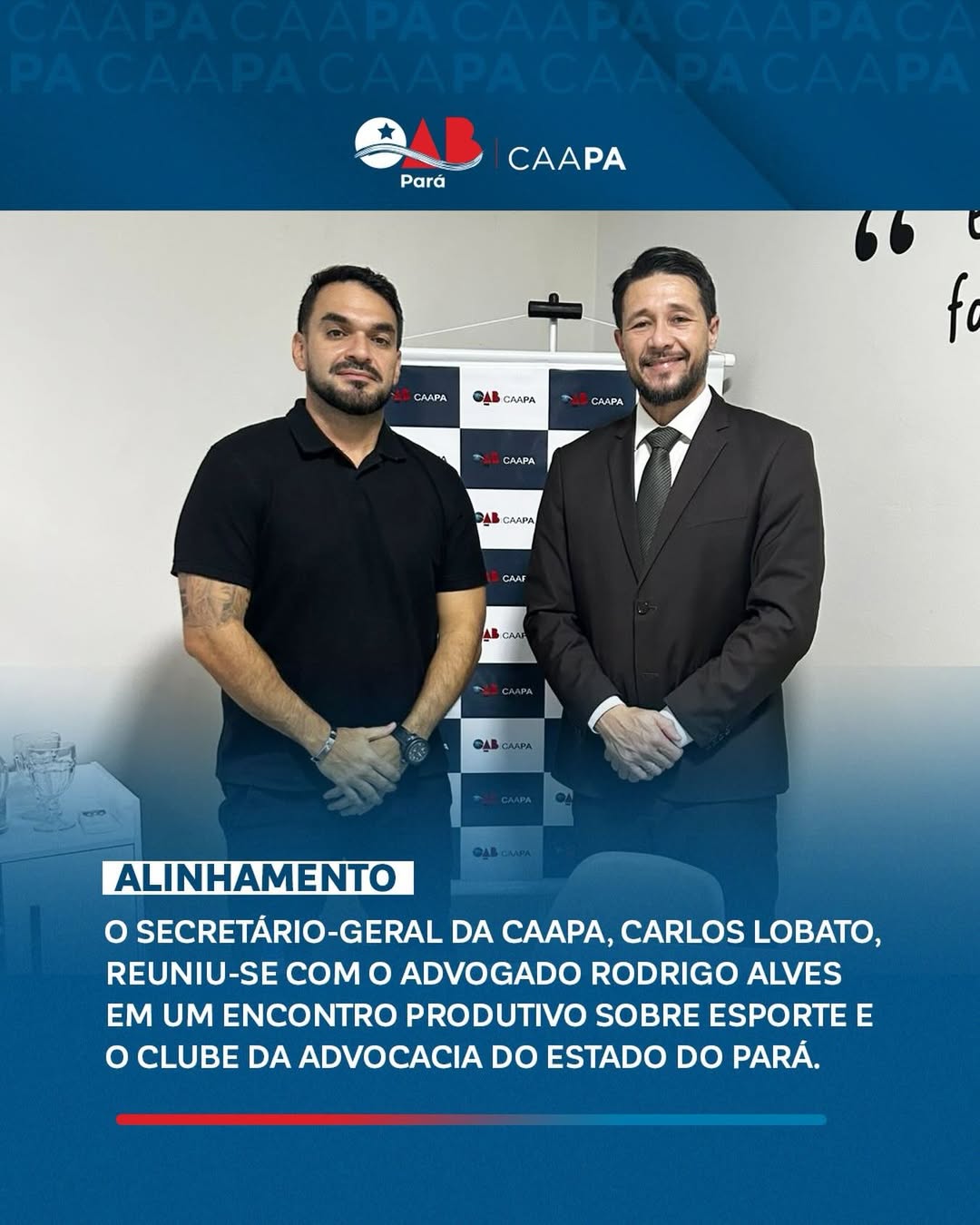O Secretário-Geral da CAAPA, Carlos Lobato, esteve reunido com o advogado Rodrigo Alves em um encontro bastante produtivo, voltado ao alinhamento de práticas e estratégias relacionadas ao esporte e ao Clube da Advocacia do Estado do Pará.